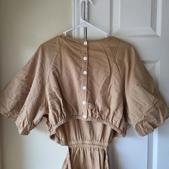 Madewell Dress 2XL Mini Seersucker Puff-Sleeve Cutout Tan Brown Plus Size - Picture 7 of 9